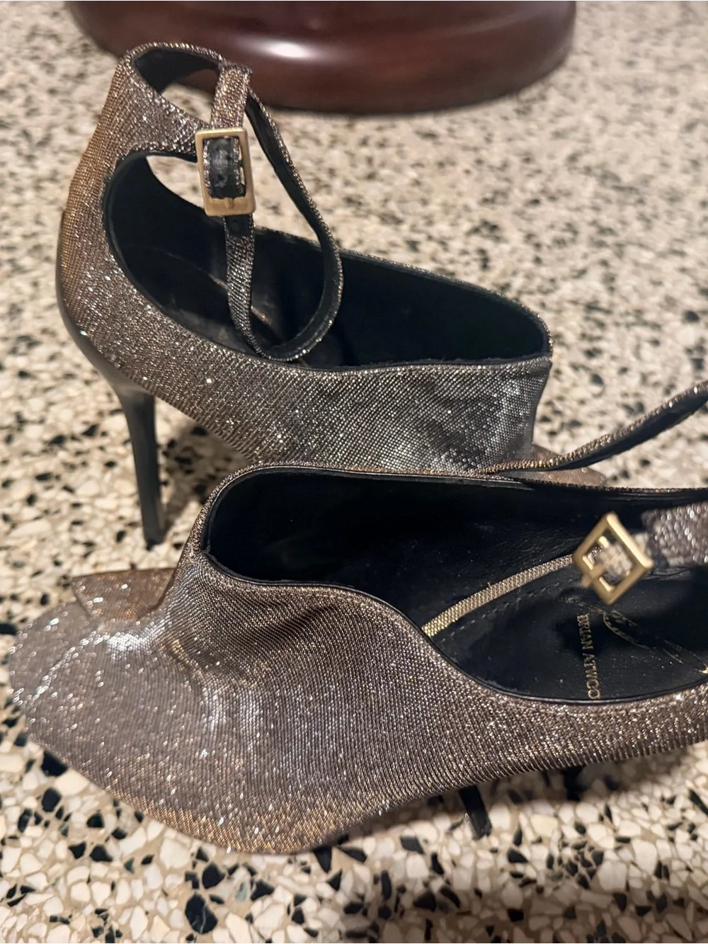 Brian Atwood Metallic Black and Gold Peep-Toe Slingback Heels